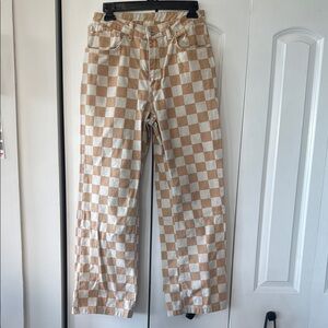The Ragged Priest Beige and White Checkered Wide Leg Jeans